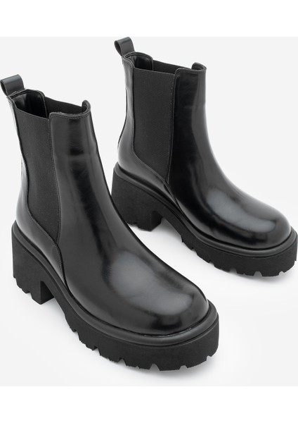 Kadın Kalın Tırtıklı Taban Elastik Yan Bantlı Günlük Bot Zates Siyah indirimleri