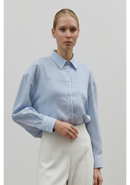 Kadın Mavi Beyaz Çizgili Oversize Gömlek | Dantel Detaylı | %100 Pamuk