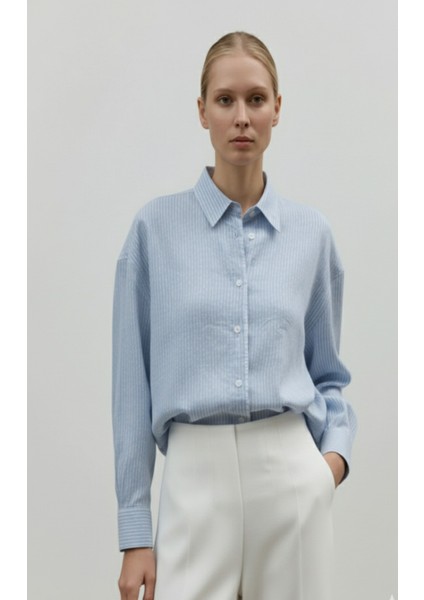Kadın Mavi Beyaz Çizgili Oversize Gömlek | Dantel Detaylı | %100 Pamuk fiyatları