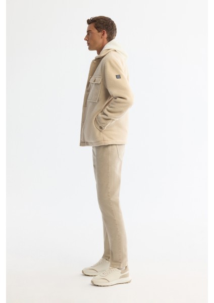 Erkek Bej Klasik Yaka Rüzgar Geçirmez Termometreli Peluş Comfort Fit Mont A42Y6085