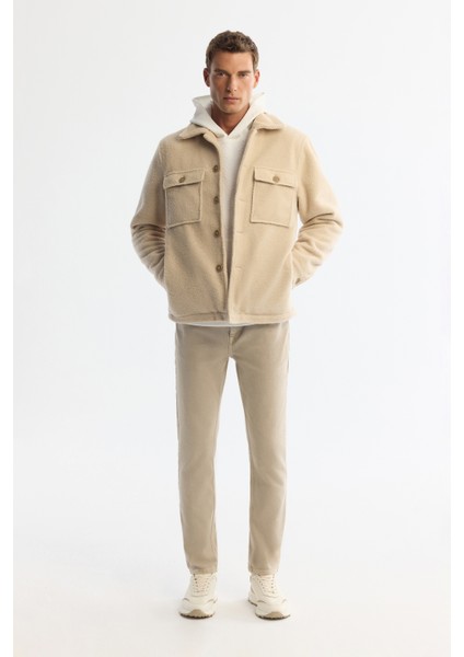 Erkek Bej Klasik Yaka Rüzgar Geçirmez Termometreli Peluş Comfort Fit Mont A42Y6085
