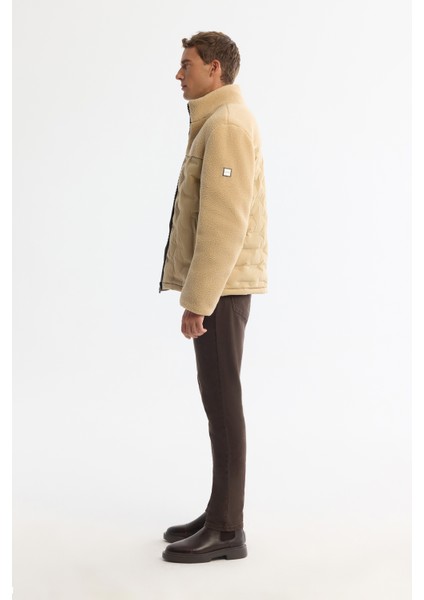 Erkek Bej Dik Yaka Su İtici Rüzgar Geçirmez Elyaf Şişme Peluş Comfort Fit Mont A42Y6017