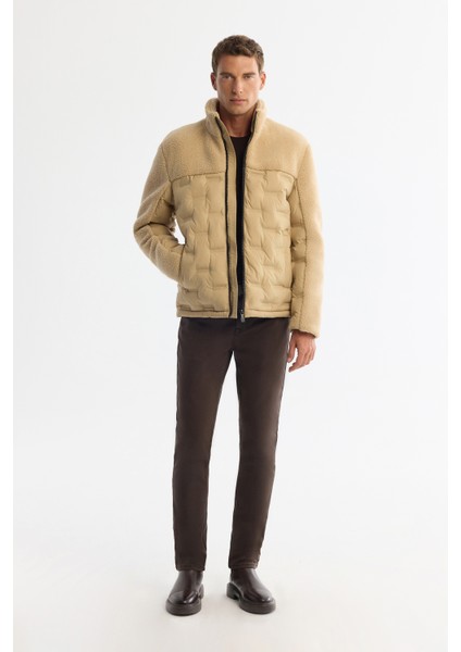 Erkek Bej Dik Yaka Su İtici Rüzgar Geçirmez Elyaf Şişme Peluş Comfort Fit Mont A42Y6017