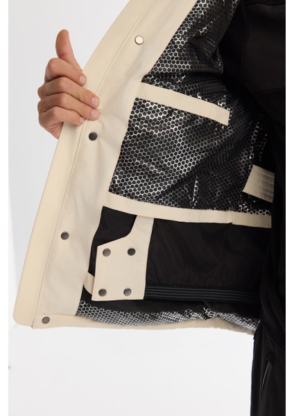 Erkek Ekru Kapüşonlu Suİtici Rüzgar Geçirmez -20°C Dayanıklı Comfort Fit Kayak Montu A42Y6159