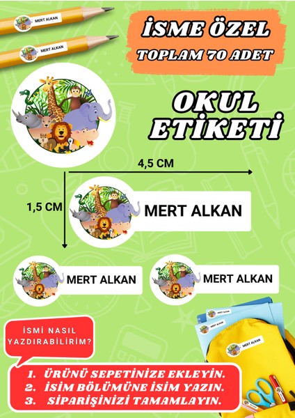 Hayvanlar Temalı Okul Etiketi Defter Kalem Kitap Sticker Etiket (4,5x1,5 Cm) 70 Adet -01-