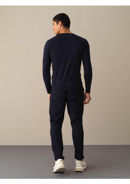 Erkek Lacivert Slim Fit Baskılı Modal Tişört