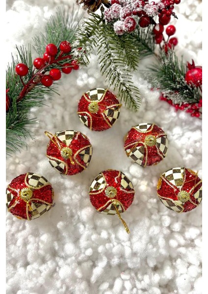 6 Adet Premium Yılbaşı Çam Ağacı Süsleri 6 cm Ekose Desenli Yılbaşı Topu fiyatları