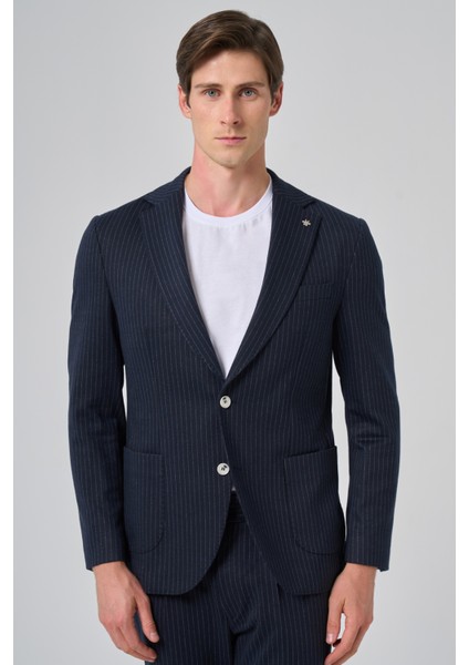 Erkek Lacivert Poliviskon Trend Çizgili Slim Fit Mono Yaka Takım Elbise