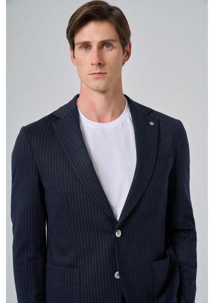 Erkek Lacivert Poliviskon Trend Çizgili Slim Fit Mono Yaka Takım Elbise modelleri