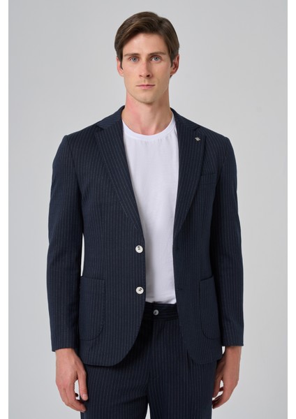 Erkek Lacivert Poliviskon Trend Çizgili Slim Fit Mono Yaka Takım Elbise fırsatları