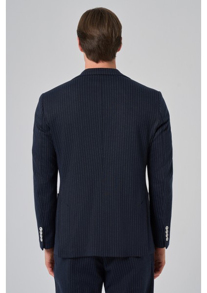 Erkek Lacivert Poliviskon Trend Çizgili Slim Fit Mono Yaka Takım Elbise indirimleri