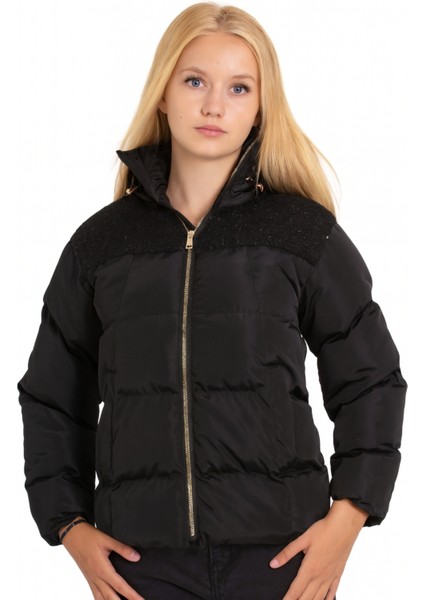 Kız Çocuk Siyah Kapüşonlu Fermuarlı Şişme Mont AK4251