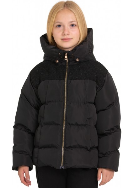 Kız Çocuk Siyah Kapüşonlu Fermuarlı Şişme Mont AK4251 fiyatları