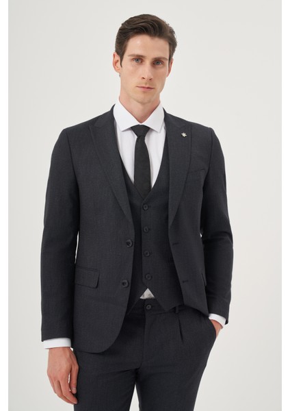 Erkek Lacivert Poliviskon Trend Desenli Slim Fit Sivri Yaka Yelekli Takım Elbise