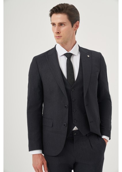 Erkek Lacivert Poliviskon Trend Desenli Slim Fit Sivri Yaka Yelekli Takım Elbise fiyatları