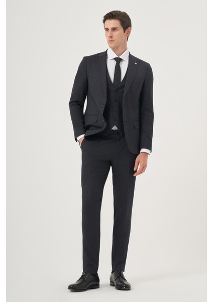 Erkek Lacivert Poliviskon Trend Desenli Slim Fit Sivri Yaka Yelekli Takım Elbise modelleri