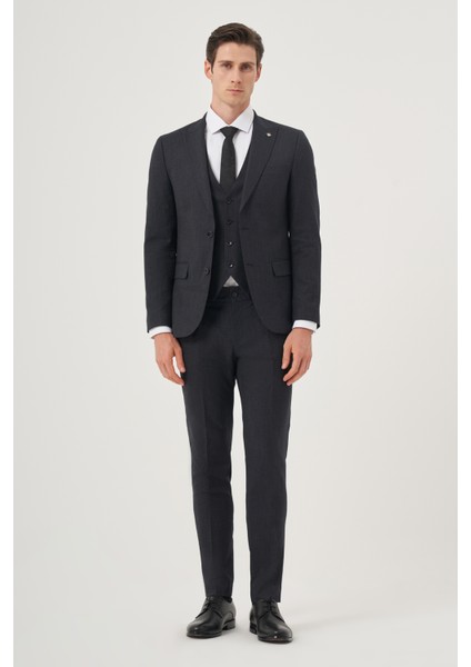 Erkek Lacivert Poliviskon Trend Desenli Slim Fit Sivri Yaka Yelekli Takım Elbise indirimleri