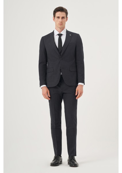 Erkek Lacivert Poliviskon Trend Desenli Slim Fit Sivri Yaka Yelekli Takım Elbise