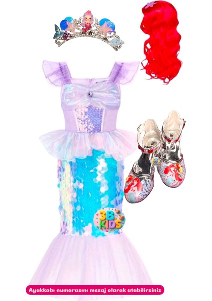 Peruklu Deniz Kızı Kostüm Topuklu Ayakkabı Set (Ayakkabı Numarasını Mesaj Atınız 26-30 Arasıdır)