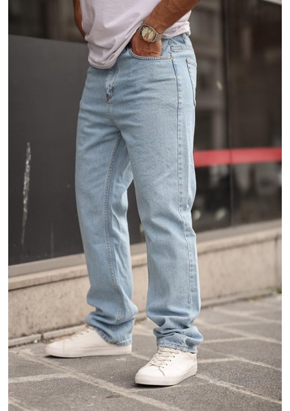 Erkek Bol Paça Yüksek Bel Buz Mavi Kot Baggy Pantolon