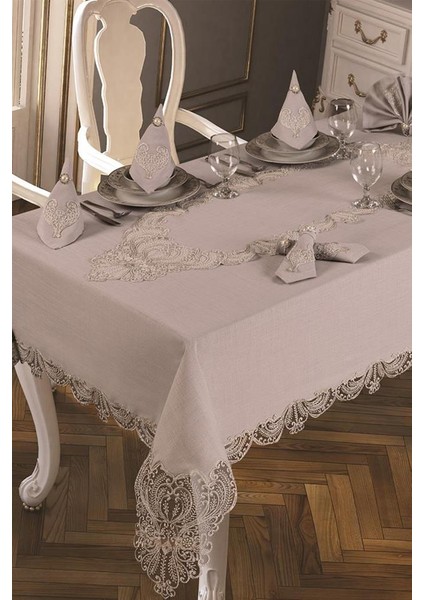 Fransız Güpürlü Yasemin Kadife Tek Masa Örtüsü Gri