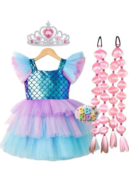 Deniz Kızı Kabarık Elbise Kostüm Seti Bubble Saç Taç Seti Doğum Günü Parti Özel Gün