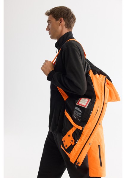 Erkek Neon Turuncu Kapüşonlu Su İtici Rüzgar Geçirmez -20 Dereceye Dayanıklı Kaz Tüyü Comfort Fit Kayak Montu A42Y6123