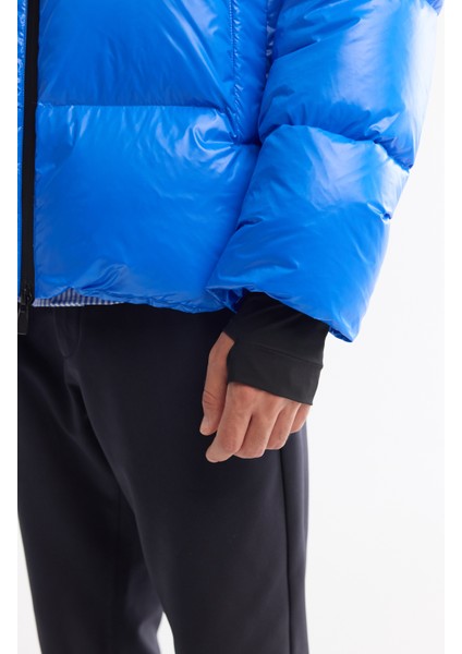 Erkek Saks Kapüşonlu Kaz Tüyü Su İtici Rüzgar Geçirmez -20 Dereceye Dayanıklı Parlak Şişme Comfort Fit Mont A42Y6182