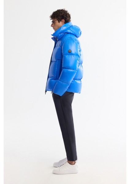 Erkek Saks Kapüşonlu Kaz Tüyü Su İtici Rüzgar Geçirmez -20 Dereceye Dayanıklı Parlak Şişme Comfort Fit Mont A42Y6182