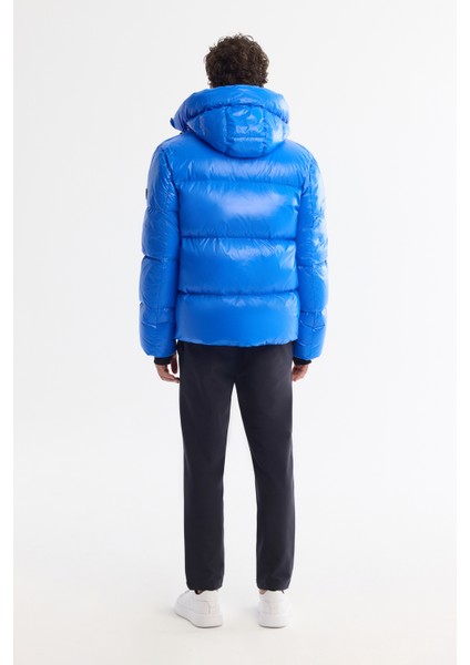 Erkek Saks Kapüşonlu Kaz Tüyü Su İtici Rüzgar Geçirmez -20 Dereceye Dayanıklı Parlak Şişme Comfort Fit Mont A42Y6182