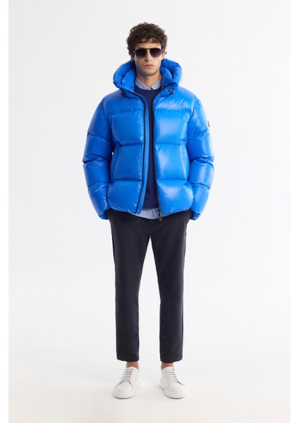 Erkek Saks Kapüşonlu Kaz Tüyü Su İtici Rüzgar Geçirmez -20 Dereceye Dayanıklı Parlak Şişme Comfort Fit Mont A42Y6182