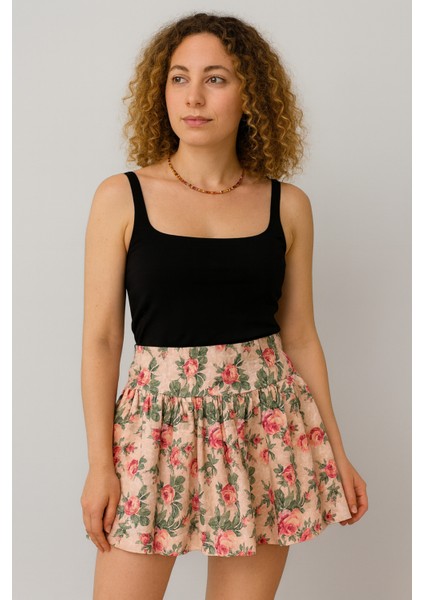 Pembe Çiçek Desenli Bel Lastikli Kısa Balon Etek