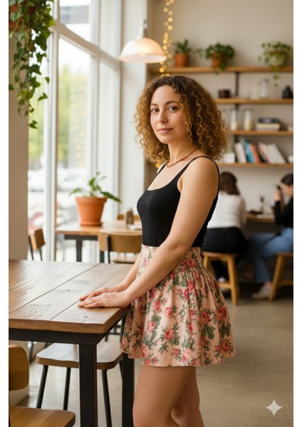 Pembe Çiçek Desenli Bel Lastikli Kısa Balon Etek fiyatları