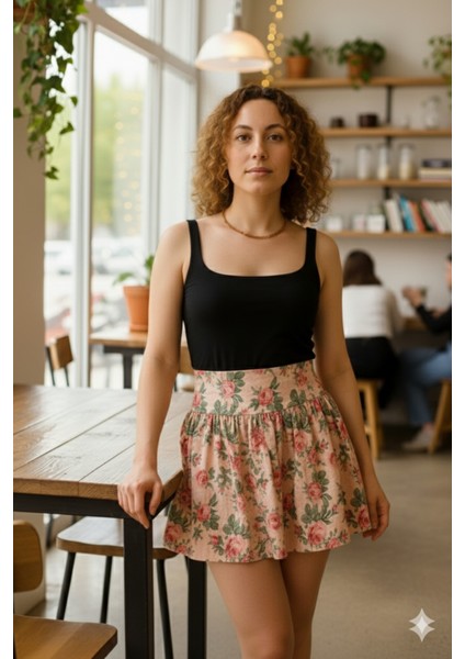 Pembe Çiçek Desenli Bel Lastikli Kısa Balon Etek fırsatları