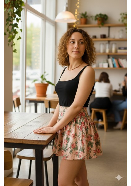 Pembe Çiçek Desenli Bel Lastikli Kısa Balon Etek indirimleri