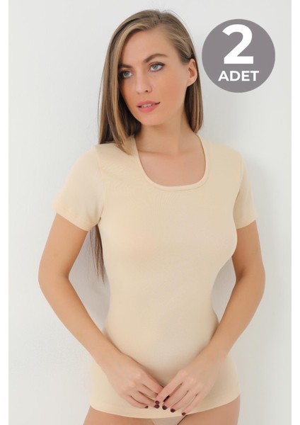 2'li Paket Kadın Ten Tişört Bisiklet Yaka Kısa Kollu Fanila %100 Pamuk Ribana