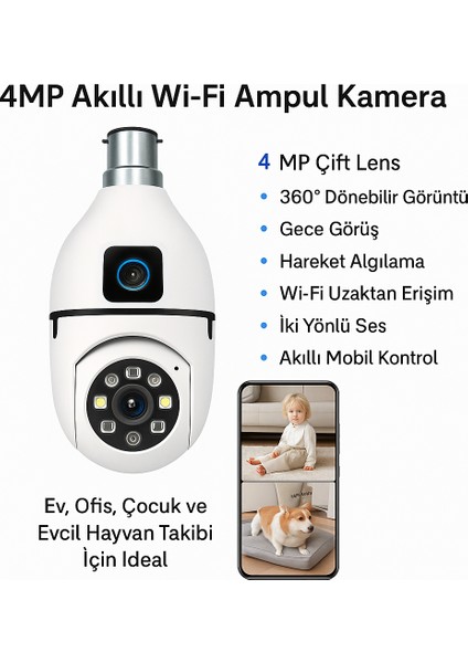 4mp Çift Lensli Akıllı Wi-Fi Güvenlik Kamerası 360° Dönebilir Görüntü, Gece Görüş, Hareket Algılama, Sd Kart Desteği, Iki Yönlü Ses