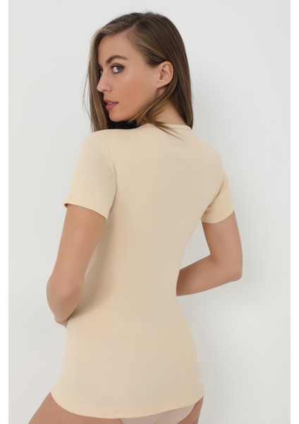 2'li Paket Kadın Ten Tişört Bisiklet Yaka Kısa Kollu Fanila %100 Pamuk Ribana