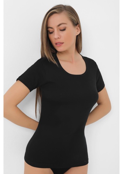 2'li Paket Kadın Siyah Tişört Bisiklet Yaka Kısa Kollu Fanila %100 Pamuk Ribana