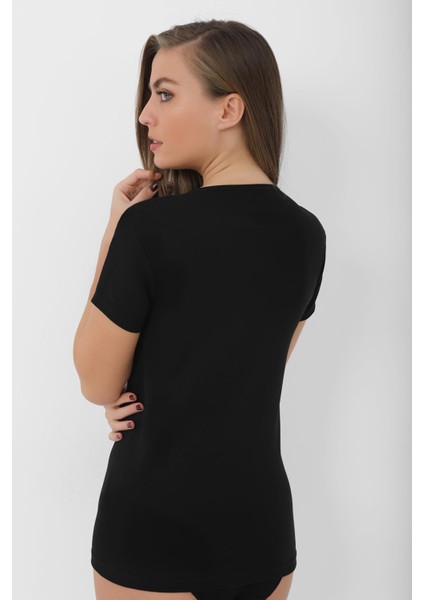 2'li Paket Kadın Siyah Tişört Bisiklet Yaka Kısa Kollu Fanila %100 Pamuk Ribana