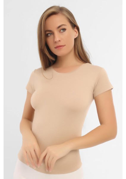 Kadın Bambu Tişört Ten Bisiklet Yaka Kısa Kollu Fanila