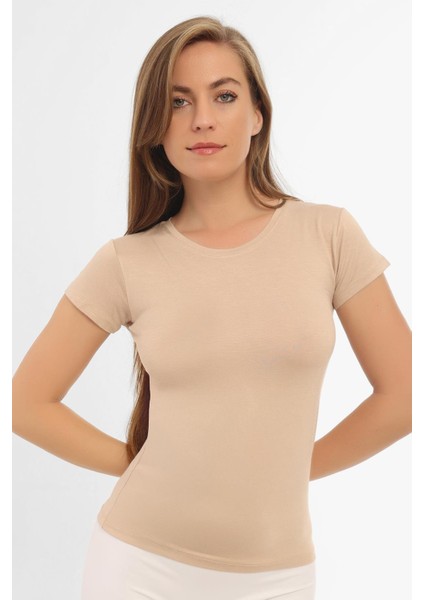 Kadın Bambu Tişört Ten Bisiklet Yaka Kısa Kollu Fanila