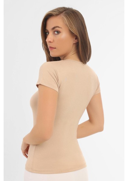 Kadın Bambu Tişört Ten Bisiklet Yaka Kısa Kollu Fanila