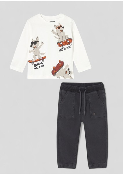 Skate Beli Paçası Lastiklki Pantolon Sweat Takım (01-04 Yaş Arası Bedenler) - Ekru-Antrasit