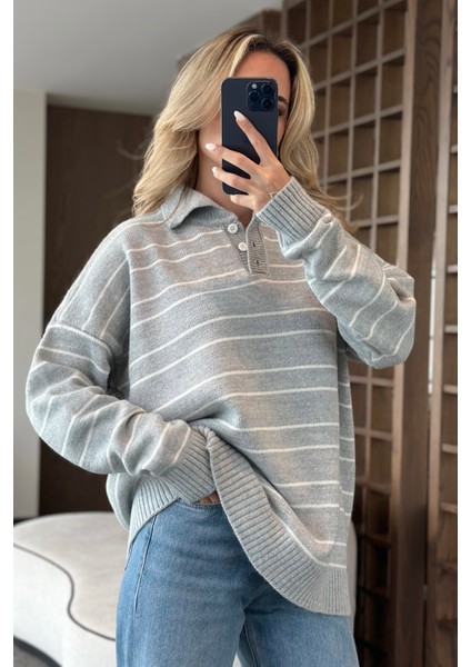 Gri Beyaz Çizgili Kazak -1510