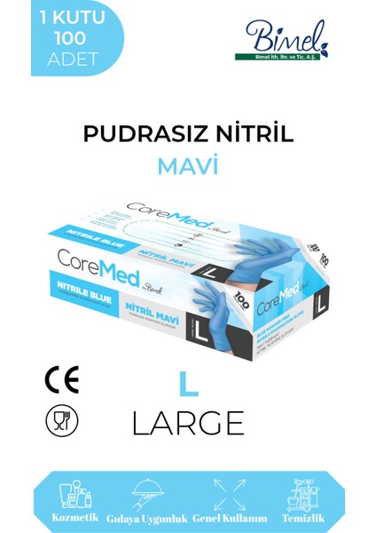 Coremed Nitril Mavi Muayene Eldiveni L - 1 Paket 100 Lü