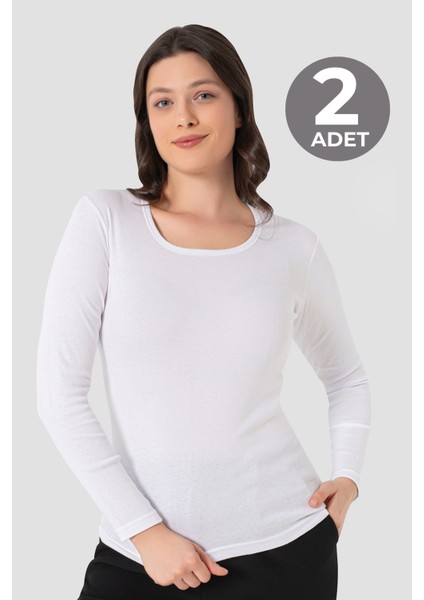 2 Adet Kadın Beyaz Tişört Bisiklet Yaka Uzun Kollu Fanila Badi %100 Pamuk Ribana