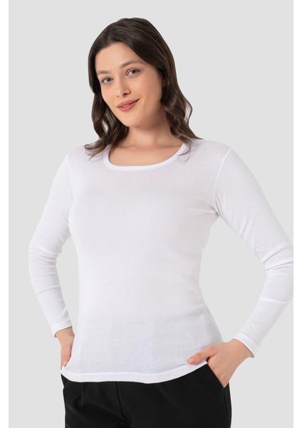 2 Adet Kadın Beyaz Tişört Bisiklet Yaka Uzun Kollu Fanila Badi %100 Pamuk Ribana modelleri
