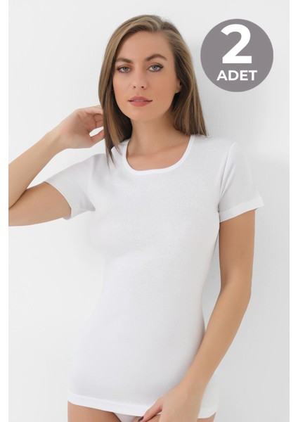 2'li Paket Kadın Beyaz Tişört Bisiklet Yaka Kısa Kollu Fanila %100 Pamuk Ribana