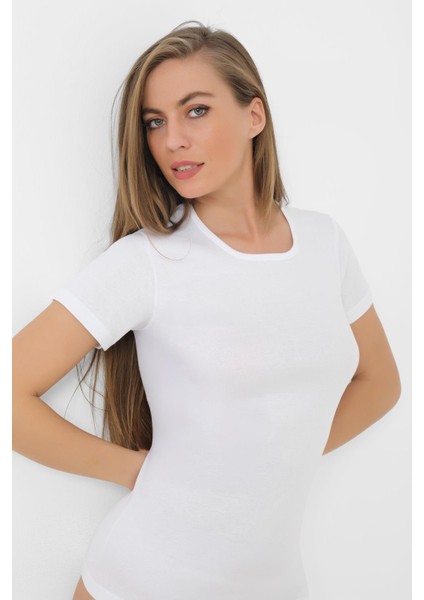 2'li Paket Kadın Beyaz Tişört Bisiklet Yaka Kısa Kollu Fanila %100 Pamuk Ribana